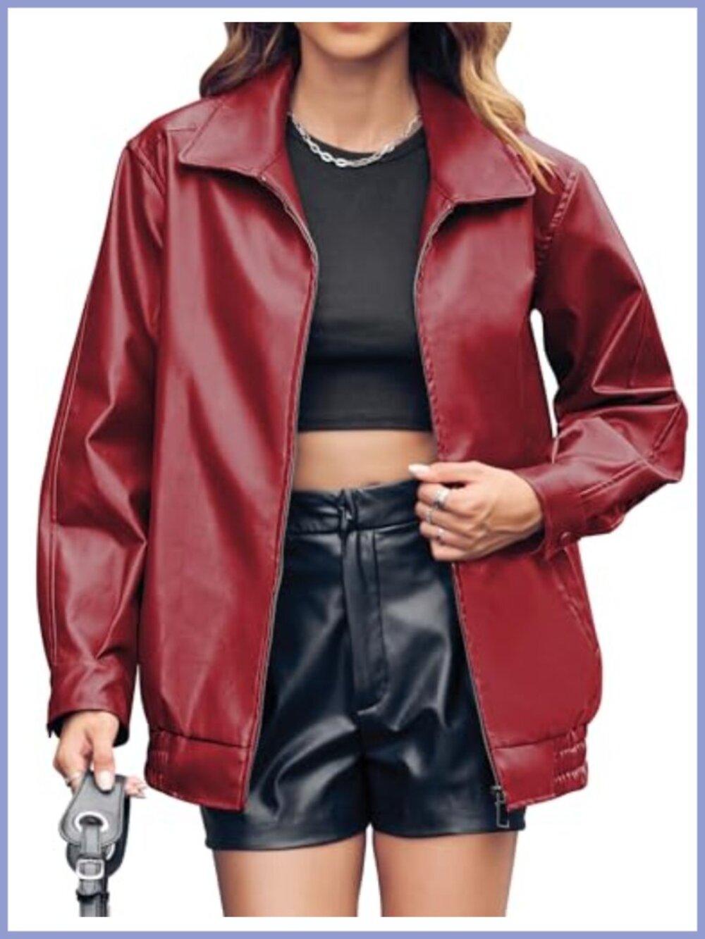 Faux Leather Jacket Oversized Zip Up Bomber Motorcycle Womens Outerwear